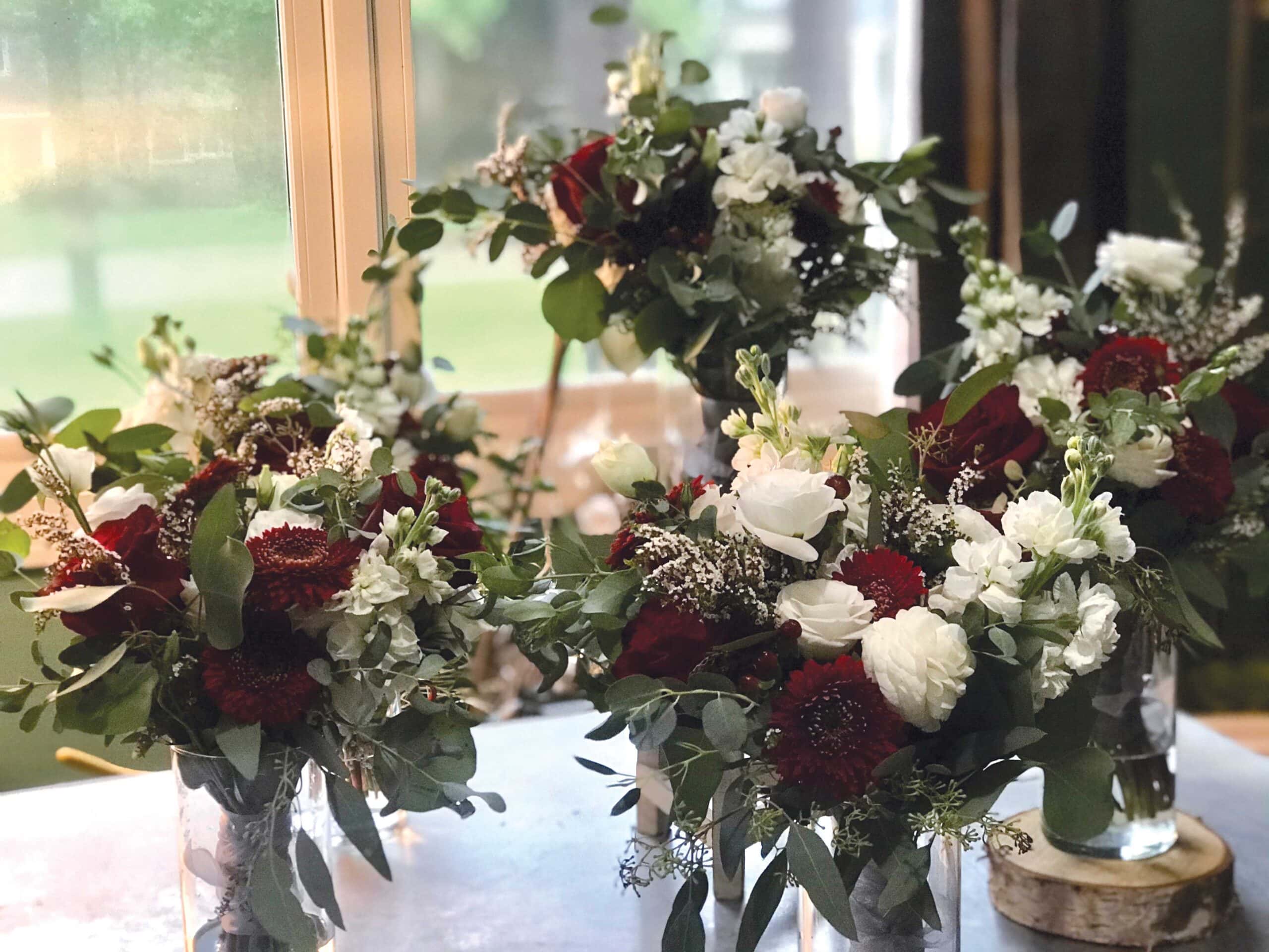 Bridesmaids bouquets in the studio at Art in Bloom.