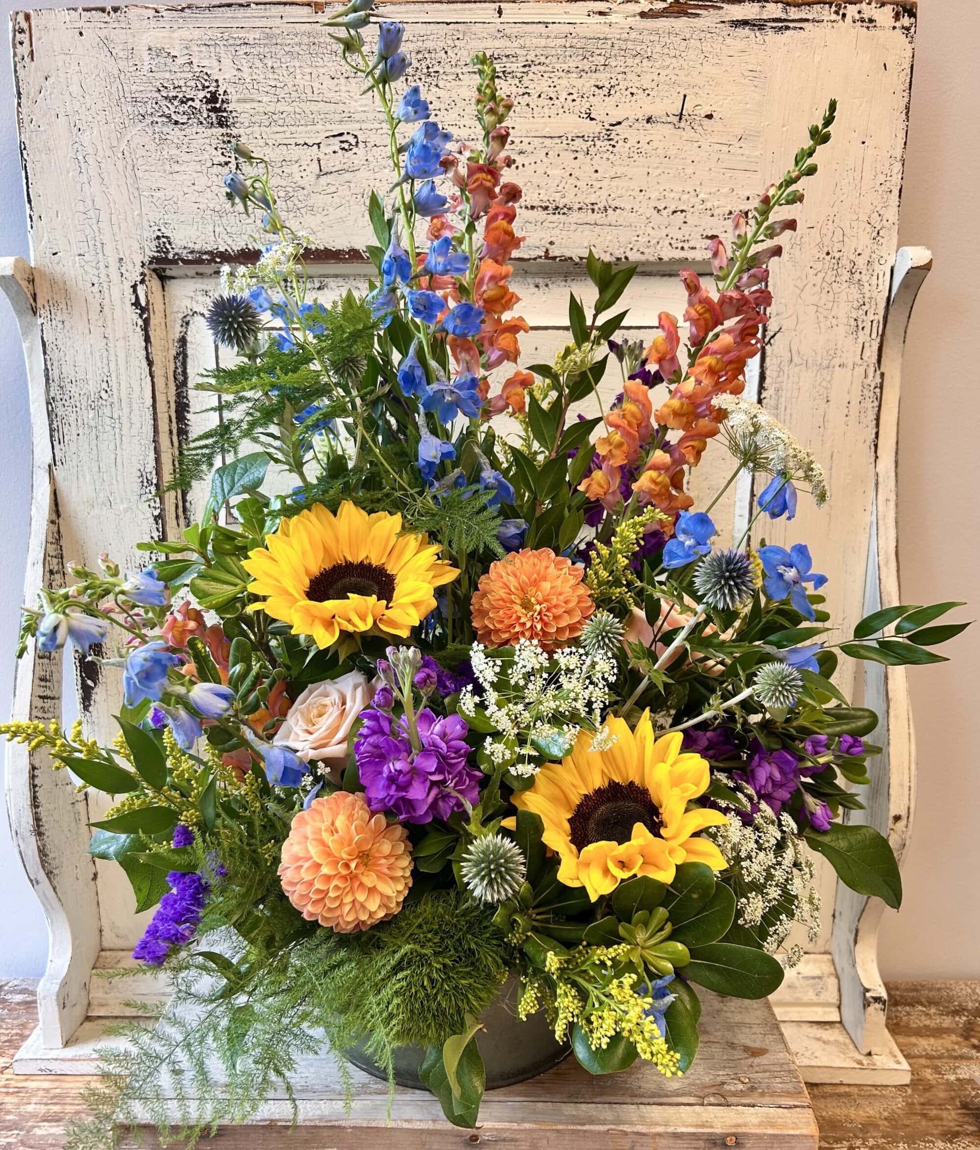 Metal-Bowl-Bright A floral arrangement from Art in Bloom Floral Studio in Howell, Michigan.
